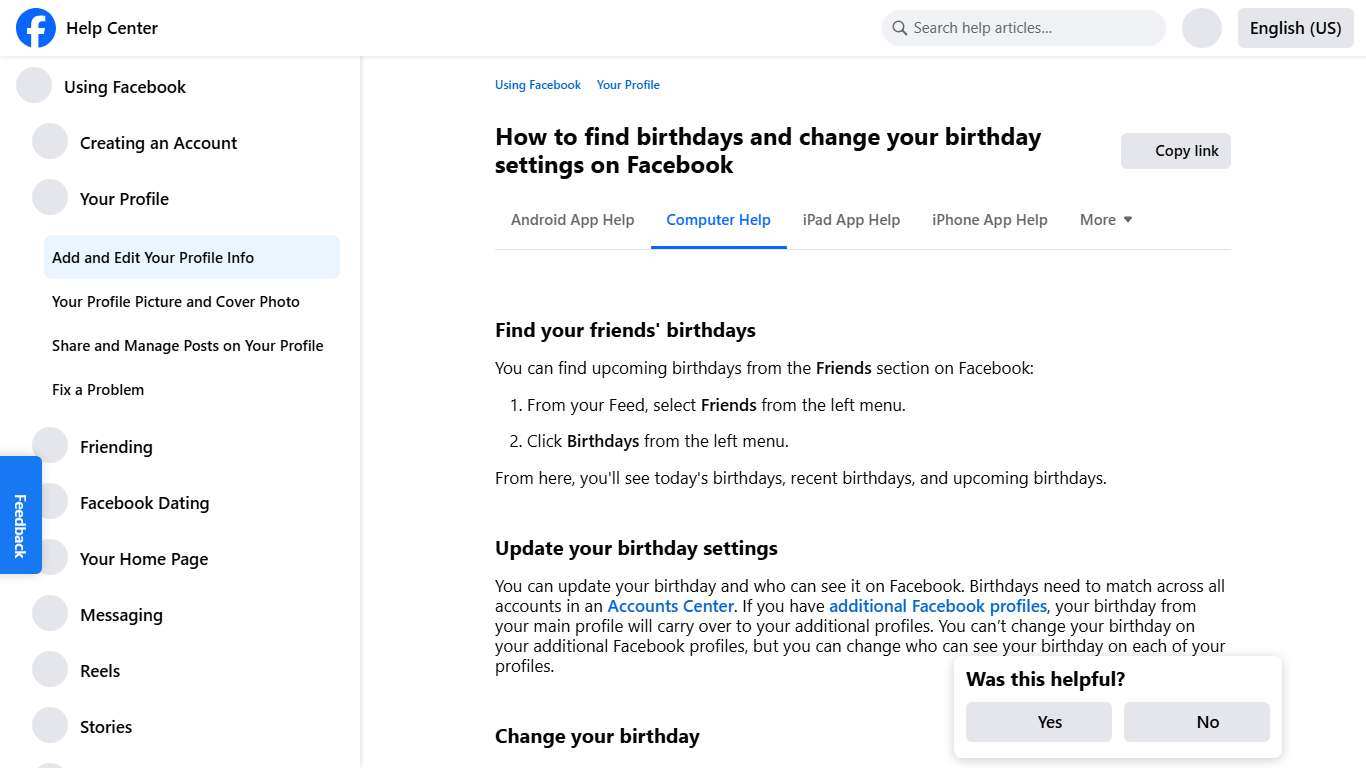 How to find birthdays and change your birthday settings on Facebook | Facebook Help Center
